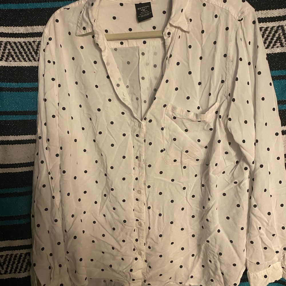 Black polka dot button down top